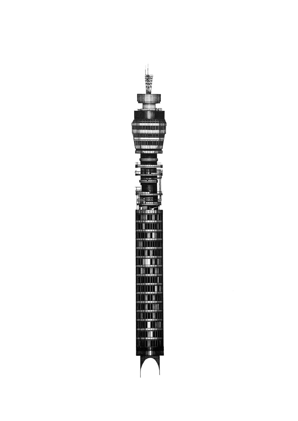 Nick Coupland, Hyper-realistic detailed pen and ink architecture illustration of the BT Tower. 